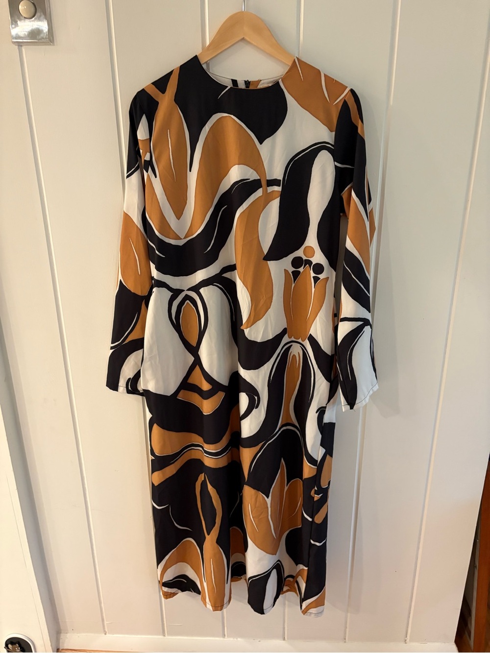 Abstract-Print Long Sleeve Midi Dress in Black, White & Mustard